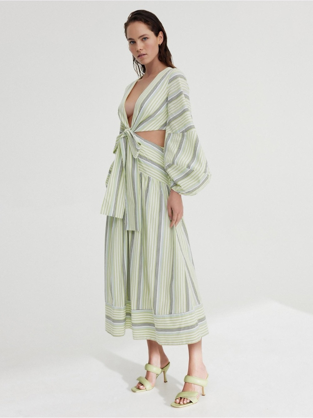 Significant Other Nola Striped Tie-Front Maxi Dress in Light Green and White